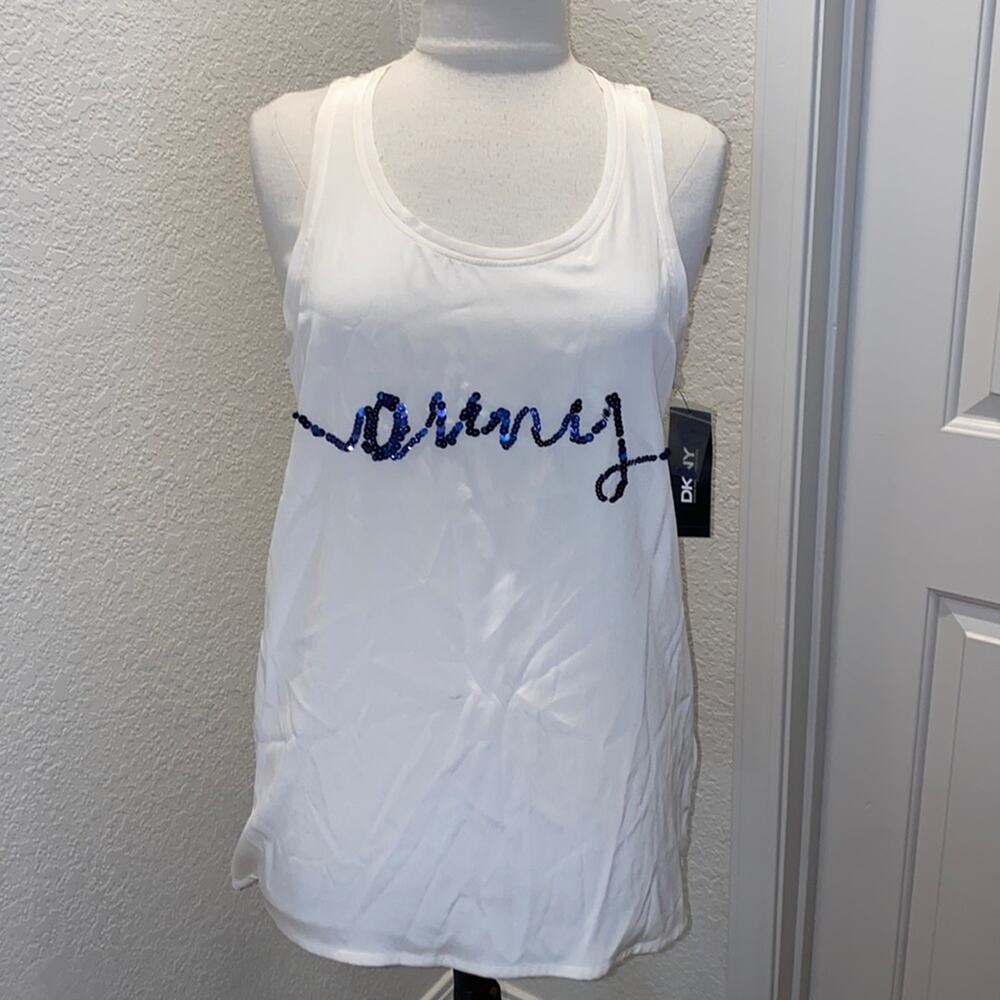 DKNY Cream Silk Racerback Sleeveless Tank w/ Blue “DNKY” Logo Sequined NWT Sz M